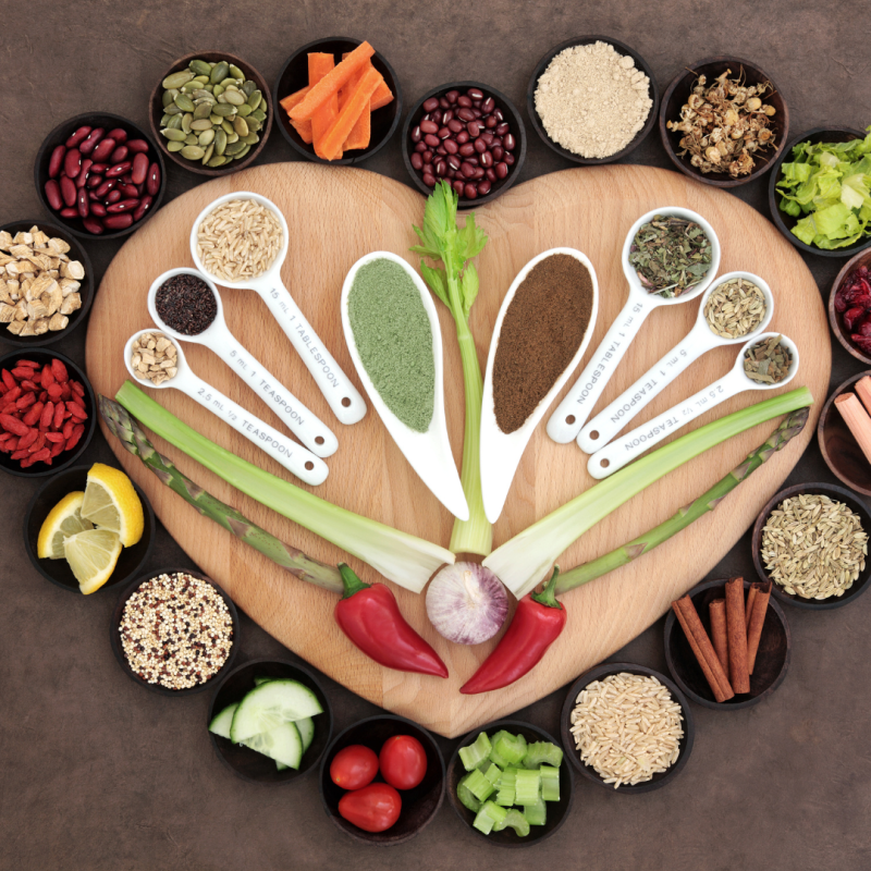 food options on heart shaped board